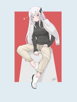 1girl alternate_costume between_legs black_sweater blush border breasts butterfly_hair_ornament casual closed_mouth colored_eyelashes echidna_(re:zero) full_body grey_border hair_between_eyes hair_ornament hand_between_legs highres jacket jacket_on_shoulders large_breasts long_hair long_sleeves looking_at_viewer miarin141 pants purple_eyes re:zero_kara_hajimeru_isekai_seikatsu red_background ribbed_sweater shoes sidelocks signature sitting sleeves_past_wrists smile solo sparkle sweater turtleneck two-tone_background white_hair