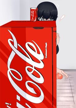 1futa absurdres black_hair breasts coca-cola erection futanari glasses grey_eyes hiding highres machine medium_breasts penis soda tin64702539