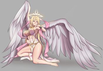 1girl angel_wings aqua_eyes artist_name barefoot blonde_hair breasts cleavage commission feathered_wings frosty_persimmons full_body grey_background halo highres ilias jewelry large_breasts long_hair looking_at_viewer mon-musu_quest! pelvic_curtain pointy_ears simple_background sitting smile solo spread_wings wings