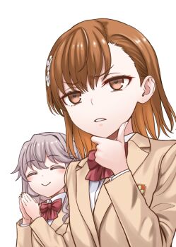 2girls :&gt; asymmetrical_bangs blazer bow bowtie brown_eyes brown_hair brown_jacket commentary_request drill_hair hair_ornament hairpin hand_on_own_chin hokaze_junko jacket long_hair long_sleeves medium_hair misaka_mikoto multiple_girls nogi_yasuhito own_hands_together purple_hair red_bow red_bowtie school_emblem school_uniform smile toaru_kagaku_no_railgun toaru_majutsu_no_index tokiwadai_school_uniform upper_body white_background