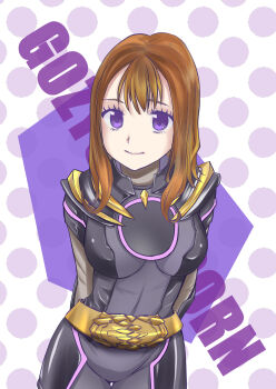 1girl bodysuit brown_hair ichikawa_sumino looking_at_viewer no.1_sentai_gozyuger no_headwear nyon_(artist) purple_eyes solo super_sentai