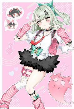 Rule 34 | 1girl, angels of delusion, aqua streaks, arm warmers, bag, bandaid, bandaid hair ornament, black choker, blush, bow, chinatsu (blue archive), choker, collarbone, commentary request, fur-trimmed skirt, fur trim, ghost, ghost hair ornament, green eyes, green hair, hair ornament, hairclip, hairpin, heart, highres, jewelry, leg warmers, looking at viewer, multicolored hair, multiple hairclips, multiple rings, multiple thigh straps, nangong yu, necktie, petite, pink arm warmers, pink bag, pink leg warmers, ponytail, red necktie, ring, shirt, skirt, streaked hair, striped arm warmers, striped leg warmers, sunna (zenless zone zero), tarou (ucrn4887), thigh strap, thighs, two-tone leg warmers, white shirt, white wings, winged bag, wings, zenless zone zero