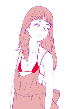 1girl armpit_crease arms_at_sides bare_arms bare_shoulders bikini blunt_bangs closed_mouth collarbone dress expressionless female_focus flat_chest hair_over_shoulder head_tilt kbrg loli looking_at_viewer medium_hair monochrome nose original oversized_clothes red_bikini red_theme simple_background sleeveless sleeveless_dress solo spaghetti_strap standing swimsuit tareme upper_body white_background