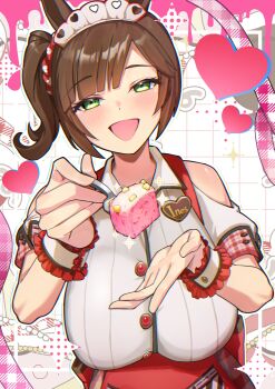Rule 34 | 1girl, absurdres, amepa (ame pinecandy), animal ears, apron, bare shoulders, blush, breasts, brown hair, character name, clothing cutout, commentary request, feeding, freckles, green eyes, hair ornament, hair scrunchie, highres, horse ears, horse girl, incoming food, ines fujin (melty gift) (umamusume), ines fujin (umamusume), large breasts, looking at viewer, name tag, official alternate costume, open mouth, red apron, red scrunchie, scrunchie, shoulder cutout, side ponytail, smile, solo, umamusume, upper body, waitress, wrist wrap