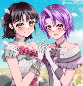 2girls black_hair blue_sky blurry blurry_background choker closed_mouth cloud crown curtained_hair dress dress_flower eiyuu_densetsu field flower flower_choker flower_field gloves green_eyes half_updo highres holding_hands kloe_rinz link!_like!_love_live! looking_at_viewer love_live! mitchellsbear momose_ginko multiple_girls off-shoulder_dress off_shoulder original outdoors parted_bangs parted_lips purple_eyes purple_hair short_hair single_bare_shoulder sky sleeveless sleeveless_dress smile sora_no_kiseki twitter_username white_gloves
