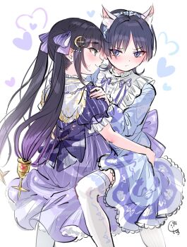 1boy 1girl 4ding alternate_costume animal_ear_fluff animal_ears animal_print aqua_eyes between_legs black_hair blue_bow blunt_ends blush bow cat_ears cat_print closed_mouth collar commission crescent crescent_hair_ornament dress eyelashes eyeliner eyeshadow frilled_collar frilled_sleeves frills genshin_impact hair_bow hair_ornament hand_on_another&#039;s_ass hand_on_another&#039;s_shoulder heart hetero highres long_hair long_sleeves makeup mona_(genshin_impact) ponytail_holder puffy_sleeves purple_bow purple_dress purple_eyes purple_sleeves red_eyeliner red_eyeshadow scaramouche_(genshin_impact) second-party_source short_sleeves sidelocks sketch smile star_(symbol) star_print sweatdrop thighhighs twintails white_background white_collar white_thighhighs