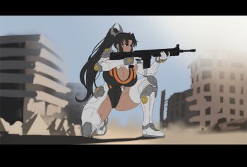 1girl action_taimanin aiming breasts curvy dark-skinned_female dark_skin full_body gun highleg highleg_leotard holding holding_weapon huge_breasts leotard long_hair mirabell_bell ponytail taimanin_(series) weapon wide_hips