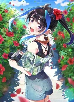 1girl aqua_shorts bare_shoulders black_hair blue_hair blue_sky camera camera_around_neck commentary cowboy_shot english_commentary flower from_behind hair_flower hair_ornament highres holding holding_camera kanojo_okarishimasu looking_at_viewer looking_back multicolored_hair off_shoulder official_art open_mouth purple_eyes red_flower shorts sidelocks sky smile solo standing streaked_hair third-party_source yaemori_mini