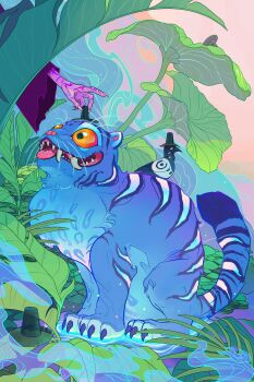 1boy bird body_markings colored_skin commentary derpy_(kpop_demon_hunters) english_commentary fingernails gat_(hat) hat highres jinu_(kpop_demon_hunters) kpop_demon_hunters lauren_walsh long_fingernails outdoors purple_skin sharp_teeth sussie_(kpop_demon_hunters) teeth tiger torn_clothes torn_sleeves whiskers