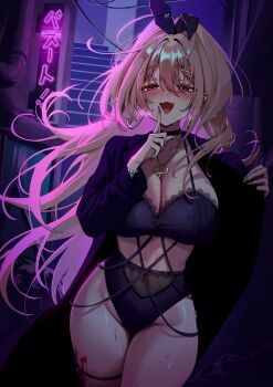 1girl alternate_costume bead_bracelet beads black_bra black_choker black_coat black_panties blood blood_on_leg blush bra bracelet breasts brown_hair choker coat commentary_request covered_navel earrings finger_to_mouth goddess_of_victory:_nikke hair_ornament hairclip highres jewelry large_breasts lingerie long_hair long_sleeves necklace open_clothes open_coat open_mouth panties pink_eyes rupee_(nikke) shushing smile solo sweat thigh_strap underwear yampa