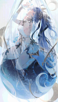 Rule 34 | 1girl, absurdres, ahoge, ancient greek clothes, arm up, armlet, bare shoulders, black skirt, blue eyes, blue hair, breasts, bridal gauntlets, fingernails, greco-roman clothes, hair belt, highres, iuno (wuthering waves), jewelry, kurikabacha, laurel crown, leg wrap, long hair, looking at viewer, looking to the side, medium breasts, miniskirt, parted lips, showgirl skirt, skirt, solo, squatting, thighlet, thighs, very long hair, white bridal gauntlets, wuthering waves