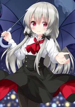 1girl ascot bat_wings black_bow black_pantyhose black_skirt blue_umbrella blush bow closed_mouth commentary cowboy_shot hair_bow hand_up high-waist_skirt highres holding holding_umbrella long_hair long_sleeves looking_at_viewer pantyhose red_ascot red_eyes ruu_(tksymkw) shirt sidelocks skirt smile solo sophie_twilight tonari_no_kyuuketsuki-san umbrella white_hair white_shirt wings