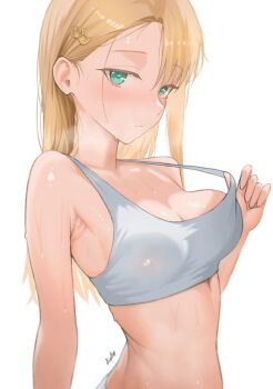 1girl absurdres artist_name blonde_hair breasts cleavage closed_mouth commentary diptip english_commentary green_eyes grey_sports_bra hair_ornament hairclip highres large_breasts long_hair looking_at_viewer original simple_background solo sports_bra sweat white_background