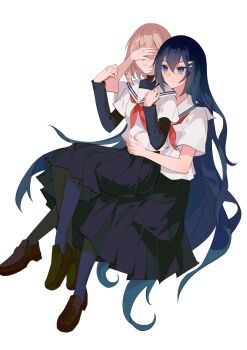 2girls ampheta black_hair black_skirt blonde_hair blue_eyes blue_hair closed_mouth commentary_request covering_another's_eyes covering_own_eyes full_body hair_between_eyes hair_ornament hairclip highres loafers long_hair long_sleeves medium_hair multiple_girls neckerchief oumi_shiori pantyhose pleated_skirt red_neckerchief sailor_collar school_uniform serafuku shirt shoes short_hair short_sleeves simple_background sitting sitting_on_lap sitting_on_person skirt smile very_long_hair watashi_wo_tabetai_hitodenashi white_background white_sailor_collar white_serafuku white_shirt yaotose_hinako yuri