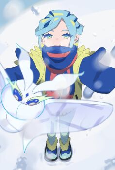 Rule 34 | 1boy, blue boots, blue eyes, blue hair, blue mittens, blue scarf, boots, commentary request, day, eyelashes, frosmoth, gen 8 pokemon, grusha (pokemon), highres, jacket, long sleeves, looking up, male focus, mittens, momonoki (trumfare), nintendo, outdoors, pants, pokemon, pokemon (creature), pokemon sv, scarf, snow, standing, striped clothes, striped scarf, yellow jacket