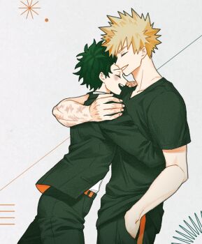 2boys arm_around_shoulder bakugou_katsuki belt black_jacket black_pants black_shirt blonde_hair boku_no_hero_academia closed_eyes crew_neck dutch_angle green_hair hand_in_pocket hand_on_another's_shoulder hashtag-only_commentary highres jacket labhu male_focus midoriya_izuku multiple_boys multiple_scars open_mouth orange_belt pants scar scar_on_arm shirt short_sleeves smile spiked_hair suit_jacket yaoi