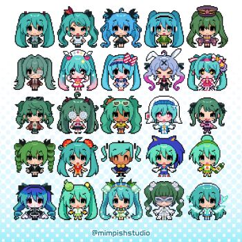 &gt;_&lt; +_+ 6+girls ahoge angel_(module) animal_ear_hairband animal_ears apron black_eyes blue_eyes blue_hair bottle bow bowtie brazilian_miku bun_cover cantarella_(vocaloid) china_dress chinese_clothes closed_eyes coke-bottle_glasses commentary confessions_of_a_rotten_girl_(vocaloid) cosplay detached_hair double_bun dress drill_hair empty_eyes english_commentary eyepatch eyewear_on_head fake_animal_ears fang flower food-themed_hair_ornament full_body glasses green_eyes green_hair hair_bun hair_flower hair_ornament hair_ribbon hair_scrunchie hairband hajimete_no_oto_(vocaloid) hat hatsune_miku hatsune_miku_(dark_angel) hatsune_miku_(ichi_no_sakura_oka) hatsune_miku_(infinity) hatsune_miku_(jersey) hatsune_miku_(rosa_bianca) hatsune_miku_(sonic_style) hatsune_miku_(supreme) hatsune_miku_no_gekishou_(vocaloid) headphones heart heart_hair_ornament highres himitsu_keisatsu_(vocaloid) holding holding_bottle holding_wand ima_sugu_rinne_(vocaloid) jacket lemon_melon_cookie_(vocaloid) leotard lily_of_the_valley long_hair long_sleeves m@gical_cure!_love_shot!_(vocaloid) magical_girl mask matryoshka_(vocaloid) medical_eyepatch melon_hair_ornament mesmerizer_(vocaloid) military_hat mimpish monitoring_(vocaloid) multicolored_hair multiple_girls multiple_persona nun nurse_cap odochina_(vocaloid) pantyhose pink_eyes pink_hair pixel_art poppippoo_(vocaloid) rabbit_ear_hairband rabbit_ears rabbit_hole_(vocaloid) red_eyes ribbon school_uniform scrunchie senbonzakura_(vocaloid) shinkai_shoujo_(vocaloid) shirt short_hair short_sleeves smile sonic_(series) sonic_the_hedgehog sonic_the_hedgehog_(cosplay) static_(vocaloid) suna_no_wakusei_(vocaloid) sunglasses t-shi_no_hanashi_wo_shinjiru_na_(vocaloid) t-shirt tan track_jacket twin_drills twintails vampire_(vocaloid) very_long_hair visor_cap wand wide_sleeves wing_hair_ornament winged_headphones wings world_is_mine_(vocaloid) worldwide_miku x_hair_ornament yuki_miku yuki_miku_(2015)