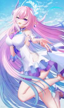 1girl absurdres aqua_hair bare_shoulders blue_sky breasts clothing_cutout commentary_request cyrene_(honkai:_star_rail) cyrene_(ripples_of_past_reverie)_(honkai:_star_rail) dress earrings flower haguro_jiro hair_flower hair_ornament halo high_heels highres honkai:_star_rail honkai_(series) jewelry large_breasts long_hair looking_at_viewer multicolored_hair pink_hair pointy_ears purple_eyes side_cutout sky smile solo very_long_hair white_dress white_hair