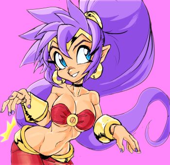 arms_up breasts choker circlet cleavage cleft_of_venus dark-skinned_female dark_skin earrings genie gold_earrings highres hoop_earrings jewelry large_breasts long_hair looking_to_the_side midriff navel pointy_ears ponytail purple_eyes purple_hair shantae shantae_(series) teevo underboob wrist_cuffs