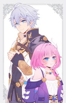 1boy 1girl ahoge bare_shoulders black_gloves blue_eyes border breasts coat commentary_request cyrene_(aedes_elysiae)_(honkai:_star_rail) cyrene_(honkai:_star_rail) dress fingerless_gloves gloves grey_border honkai:_star_rail honkai_(series) jewelry multicolored_hair necklace nekozawa phainon_(honkai:_star_rail) pink_hair purple_coat short_hair simple_background small_breasts smile two-tone_hair white_background white_coat white_dress white_hair