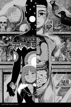 1girl absurdres amputee anatomical_model aremoyou artist_name bird bob_cut closed_mouth commentary_request crow dated double_exposure expressionless full_moon globe greyscale hand_up highres looking_at_viewer mannequin mason_jar monkey monochrome moon neckerchief night organs original revision school_uniform serafuku shelf shell short_hair skull sky skyline solo star_(sky) star_(symbol) starry_sky