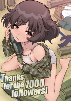 Rule 34 | 1girl, akiyama yukari, backpack, bag, barefoot, black socks, blush, brown eyes, brown hair, camisole, camouflage, camouflage shirt, commentary, dolphin shorts, ehirorotoon, english text, frown, girls und panzer, green shirt, green skirt, grey camisole, grey shorts, hair ornament, hairclip, half-closed eyes, highres, holding tank shell, leaning forward, long sleeves, looking at viewer, loungewear, messy hair, milestone celebration, on floor, open clothes, open shirt, pleated skirt, school uniform, serafuku, shirt, short hair, short shorts, shorts, sitting, skirt, sleepy, socks, solo, tatami, twitter username, unworn shirt, unworn skirt, unworn socks, wariza, white shirt