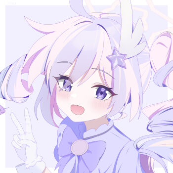 1girl absurdres artist_name baozi_9527 blue_archive blush border bow bowtie commentary gloves hair_ornament halo highres looking_at_viewer multicolored_hair open_mouth pink_hair pink_halo purple_background purple_bow purple_bowtie purple_eyes purple_hair reisa_(blue_archive) reisa_(magical)_(blue_archive) solo v white_border white_gloves