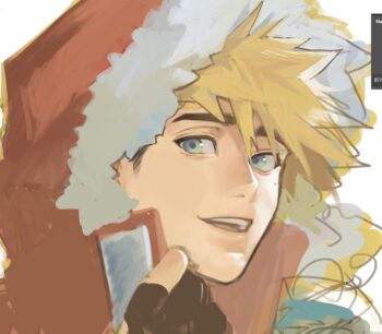 1boy arm_up art_program_in_frame black_gloves black_hair blonde_hair commentary_request fingerless_gloves fur-trimmed_hood fur_trim gloves green_eyes highres hood hooded_jacket jacket kookirani korean_commentary looking_at_viewer looking_to_the_side male_focus multicolored_hair open_mouth red_jacket short_sideburns sideburns sketch smile solo teeth trigun trigun_stampede two-tone_hair unfinished upper_teeth_only vash_the_stampede white_fur