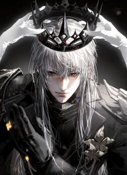 1boy 1girl armor black_background black_crown black_gloves black_jacket blue_eyes brooch chain closed_mouth coronation crossed_bangs crown female_pov flower_brooch gloves glowing grey_hair hair_between_eyes hair_over_shoulder highres jacket jewelry lianzizhou86414 long_hair love_and_deepspace male_focus outstretched_hand pauldrons pov pov_hands protagonist_(love_and_deepspace) shoulder_armor sidelighting upper_body upturned_eyes white_gloves xavier_(love_and_deepspace)