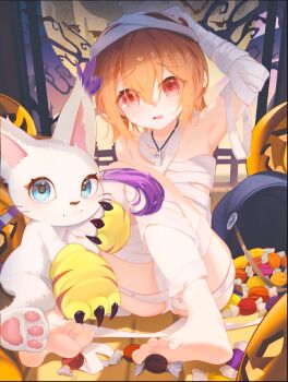 1girl bandages bare_shoulders barefoot blue_eyes brown_eyes brown_hair candy cat daxieshen_huashi digimon digimon_(creature) digimon_adventure food full_body full_moon halloween loli moon night tailmon yagami_hikari