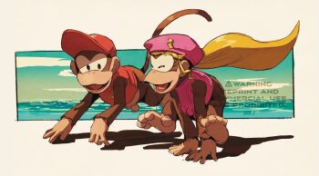 1boy 1girl baseball_cap blonde_hair border closed_eyes diddy_kong dixie_kong donkey_kong_(series) full_body hat highres long_hair monkey nintendo ocean pink_hat pink_shirt ponytail red_hat red_shirt shirt sketch sleeveless sleeveless_shirt tanaka_(is2_p) white_border