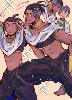 2boys alibaba_saluja alibaba_saluja_(cosplay) arms_behind_head arms_up black_pants blue_eyes chiyo_(miichiyochin) collarbone commentary cosplay dark-skinned_male dark_skin earrings fang highres hop_(pokemon) jewelry judal judal_(cosplay) magi_the_labyrinth_of_magic male_focus midriff multiple_boys multiple_views navel nintendo pants pokemon pokemon_swsh raihan_(pokemon) rope_around_neck skin_fang