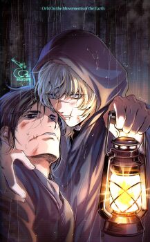 Rule 34 | 2boys, absurdres, arm around neck, badeni, bae (baebae), black cloak, black hair, blonde hair, bruise, bruise on face, chi.: chikyuu no undou ni tsuite, cloak, commentary request, copyright name, dated, facial scar, grey eyes, hair between eyes, highres, holding, holding lantern, hood, hood up, hooded cloak, injury, korean commentary, lantern, male focus, medium hair, multiple boys, oczy, parted lips, rain, scar, scar on cheek, scar on face, scar on mouth, scar on nose, tonsure, upper body, wet