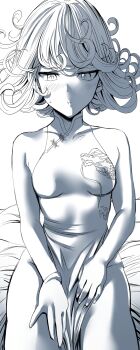 1girl absurdres blue_archive blush breasts china_dress chinese_clothes commentary cosplay curly_hair dress english_commentary greyscale hand_under_clothes head_cha_la highres kisaki_(blue_archive) kisaki_(blue_archive)_(cosplay) monochrome one-punch_man pelvic_curtain pout short_dress side_slit sitting small_breasts solo tatsumaki trait_connection