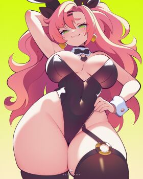 1girl :3 arm_up artist_name black_leotard black_thighhighs breasts cameltoe closed_mouth commentary covered_navel cowboy_shot earrings flipherrrr green_eyes hair_ornament hairclip half-closed_eyes hand_on_own_hip highres jewelry large_breasts leotard long_hair looking_at_viewer mole mole_under_eye nicole_demara pink_hair playboy_bunny simple_background skin_tight skindentation solo strapless strapless_leotard thick_thighs thighhighs thighs wrist_cuffs yellow_background zenless_zone_zero