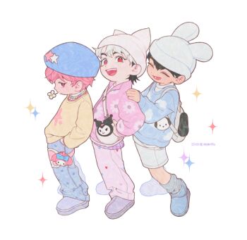 3boys animal_ear_headwear backpack bag bamby_(plave) beanie black_hair blue_hair blue_pants blue_shirt blue_shoes closed_eyes deformed eunho_(plave) fake_animal_ears flower flower_in_mouth from_side full_body hair_between_eyes hamin_(plave) hand_in_pocket hat k-pop kuromi long_sleeves male_focus mjm4752 multiple_boys my_melody onegai_my_melody open_mouth pants pink_hair pink_pants pink_shirt plave pochacco red_eyes sanrio shirt shoes short_hair shorts simple_background smile white_background white_hair white_shorts yellow_shirt