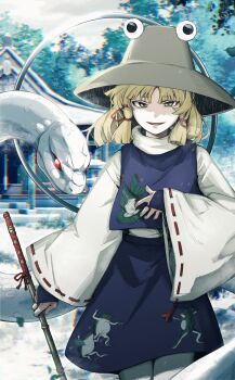 Rule 34 | 1girl, absurdres, animal print, blonde hair, chinese zodiac, commentary request, dorothy xi, frog print, grey eyes, highres, looking at viewer, mishaguji, moriya suwako, outdoors, pyonta, shrine, smile, snake, touhou, white snake, year of the snake