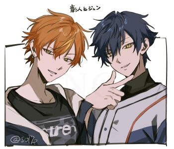 Rule 34 | 2boys, black shirt, blonde hair, blue hair, character name, clenched teeth, commentary, crew neck, crossover, earrings, ensemble stars!, green eyes, hair between eyes, hand up, highres, jewelry, l hand, looking at viewer, male focus, multicolored hair, multiple boys, orange hair, project sekai, sazanami jun, shinonome akito, shirt, short hair, smile, sorase (so17p), streaked hair, teeth, twitter username, two-tone hair, upper body, white background, yellow eyes