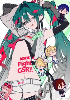 1girl absurdres arm_up bikini blonde_hair chibi eyewear_on_head goodsmile_company goodsmile_racing green_eyes green_hair groin hair_between_eyes hatsune_miku highres kagamine_len kagamine_rin looking_at_viewer lowleg lowleg_shorts mochizuki_kei navel pink_hair racing_miku red_hair shorts solo super_gt swimsuit tongue tongue_out twintails