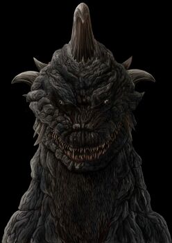 black_background black_scales blood blood_on_mouth bloodshot_eyes colored_teeth commentary gattyo gomess grey_eyes grin highres horns kaiju looking_at_viewer monster monster_focus multiple_horns no_humans nostrils parted_lips portrait scales sharp_teeth shin_ultraman simple_background smile solo straight-on teeth tokusatsu tsuburaya_productions tusks ultra_series yellow_teeth