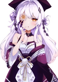 1girl blush commentary_request flower_in_eye flower_ornament hair_ornament hat highres hime_cut japanese_clothes long_hair magical_girl mahou_shoujo_no_inshuu_mura orange_eyes symbol_in_eye watanuki_sakuya_(manomura) white_background white_hair zyvum6byy12vzyd