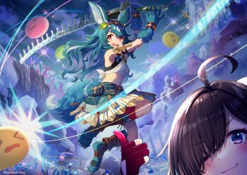 2girls animal_ear_fluff animal_feet animal_hands aqua_fur aqua_tail atelier_(series) atelier_yumia ayataka battle brown_hair commentary_request fighting highres jagged_sword lenja mole mole_under_eye multiple_girls tail transparent_background yumia_liessfeldt