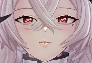 1girl assertive_female azur_lane blush fur_trim gangut_(azur_lane) hair_between_eyes hat heart heart-shaped_pupils highres incoming_kiss long_hair mikumaushi military military_uniform mole mole_under_eye naval_uniform open_mouth pov puckered_lips red_eyes symbol-shaped_pupils white_hair white_hat