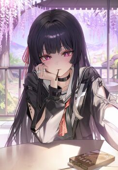 1girl arm_cutout as4_s2 black_choker black_hair black_jacket black_shirt blush chisa_(wuthering_waves) choker clothing_cutout collarbone commentary fingernails food food_in_mouth hair_ribbon head_rest highres jacket light_smile long_hair long_sleeves looking_at_viewer mole mole_under_eye neckerchief outstretched_arm pocky pocky_in_mouth pov_across_table red_eyes red_neckerchief red_ribbon ribbon sailor_collar shirt solo tacet_mark_(wuthering_waves) very_long_hair white_sailor_collar wuthering_waves