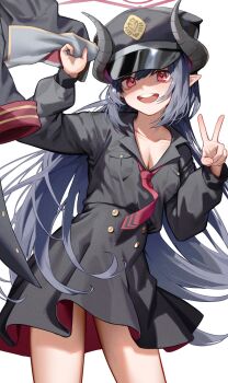 Rule 34 | 1girl, :d, black cola, black hair, black horns, black shirt, black skirt, blue archive, blush, breasts, chiaki (blue archive), cleavage, coat, collarbone, commentary request, cowboy shot, demon girl, demon horns, halo, hands up, hat, highres, holding, holding coat, holding unworn clothes, horns, long hair, long sleeves, looking at viewer, necktie, open mouth, peaked cap, pointy ears, red eyes, red halo, red necktie, shirt, simple background, skirt, smile, solo, teeth, unworn coat, upper teeth only, v, white background