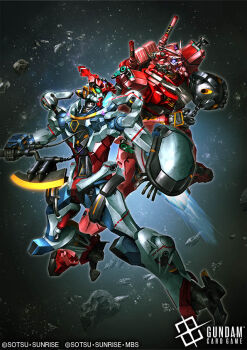 axe ball_and_chain_(weapon) copyright_logo copyright_name copyright_notice debris gquuuuuux green_eyes gundam gundam_card_game gundam_gquuuuuux heat_hawk holding holding_axe holding_flail holding_heat_hawk holding_shield humanoid_robot logo mecha mobile_suit official_art purple_eyes red_gundam robot science_fiction shield space tsubasansan v-fin weapon