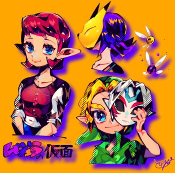 1boy 1girl blonde_hair blue_eyes character_request commentary_request hat holding link looking_at_viewer male_focus mask nintendo pointy_ears repikinoko short_hair smile the_legend_of_zelda the_legend_of_zelda:_majora's_mask tunic weapon