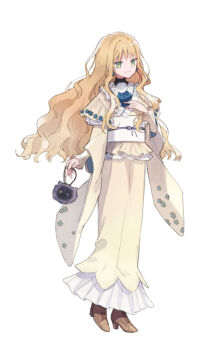 1girl blonde_hair boots charlotte_bronte full_body hinata_(echoloveloli) japanese_clothes kimono long_hair shikkoku_no_sharnoth simple_background smile solo steampunk_(liarsoft) very_long_hair wavy_hair white_background