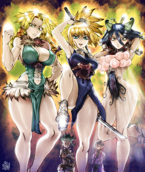 2boys 3girls asagiri_gen black_hair blonde_hair blue_dress blue_eyes braid breasts choker cleavage clenched_hand clothing_cutout commentary covered_erect_nipples covered_navel dr._stone dress dual_wielding english_commentary green_dress green_eyes grin hanada_nikki highres hip_vent holding horns impossible_clothes impossible_dress ishigami_senkuu kirisame_(dr._stone) kohaku_(dr._stone) large_breasts leg_up lips looking_at_viewer multiple_boys multiple_girls narrow_waist pelvic_curtain platform_clogs short_sword small_breasts smile sword the_golden_smurf thighs twin_braids weapon