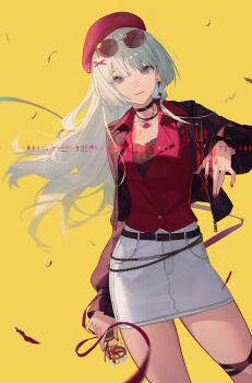 1girl absurdres alternate_costume alternate_hairstyle black_choker black_shirt bottle breasts choker closed_mouth collarbone commentary_request cowboy_shot earrings eyewear_on_head fingernails flower grey_eyes grey_hair hair_ornament hat heterochromia highres holding holding_bottle jacket jewelry long_hair long_sleeves looking_at_viewer medium_breasts nail_polish open_clothes open_jacket phrolova_(wuthering_waves) red_eyes red_hat red_jacket red_nails red_vest reirz shirt simple_background skirt solo spider_lily sunglasses thighs vest white_skirt wuthering_waves yellow_background